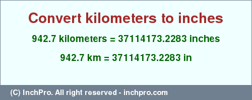 Result converting 942.7 kilometers to inches = 37114173.2283 inches