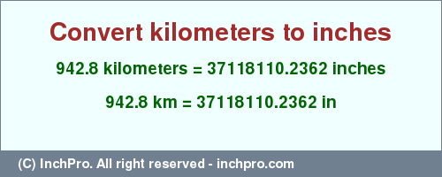 Result converting 942.8 kilometers to inches = 37118110.2362 inches