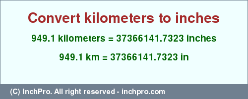 Result converting 949.1 kilometers to inches = 37366141.7323 inches