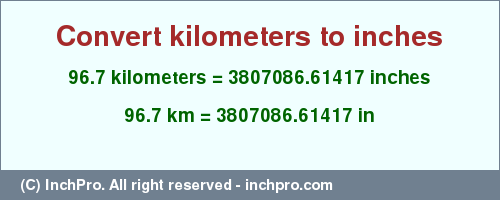 Result converting 96.7 kilometers to inches = 3807086.61417 inches