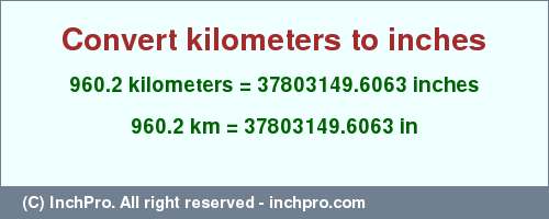 Result converting 960.2 kilometers to inches = 37803149.6063 inches