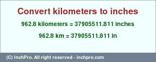 Result converting 962.8 kilometers to inches = 37905511.811 inches