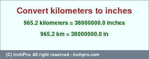 Result converting 965.2 kilometers to inches = 38000000.0 inches