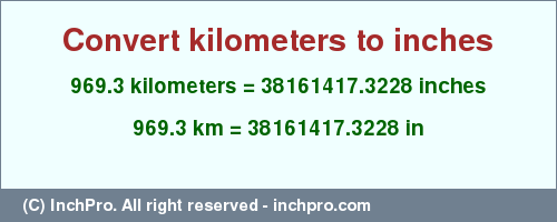 Result converting 969.3 kilometers to inches = 38161417.3228 inches