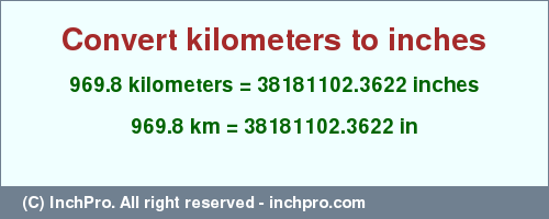 Result converting 969.8 kilometers to inches = 38181102.3622 inches