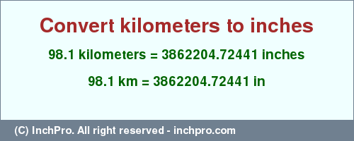 Result converting 98.1 kilometers to inches = 3862204.72441 inches