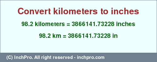 Result converting 98.2 kilometers to inches = 3866141.73228 inches