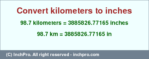 Result converting 98.7 kilometers to inches = 3885826.77165 inches