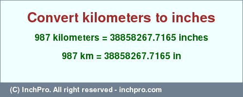 Result converting 987 kilometers to inches = 38858267.7165 inches