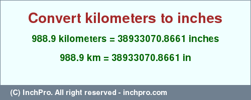 Result converting 988.9 kilometers to inches = 38933070.8661 inches