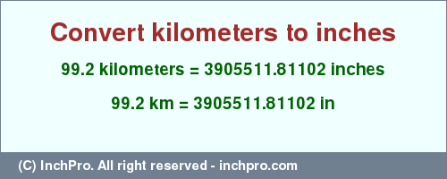 Result converting 99.2 kilometers to inches = 3905511.81102 inches