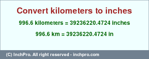 Result converting 996.6 kilometers to inches = 39236220.4724 inches