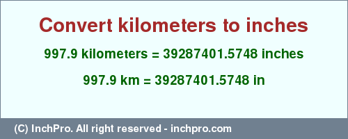 Result converting 997.9 kilometers to inches = 39287401.5748 inches