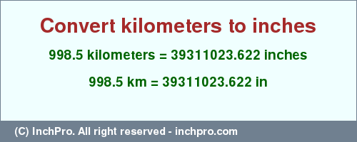 Result converting 998.5 kilometers to inches = 39311023.622 inches