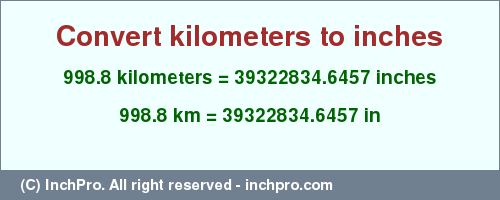 Result converting 998.8 kilometers to inches = 39322834.6457 inches