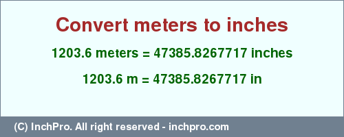 Result converting 1203.6 meters to inches = 47385.8267717 inches