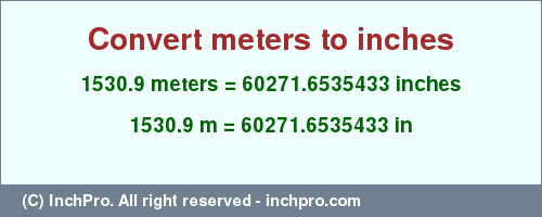 Result converting 1530.9 meters to inches = 60271.6535433 inches