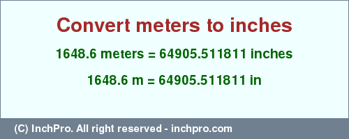 Result converting 1648.6 meters to inches = 64905.511811 inches