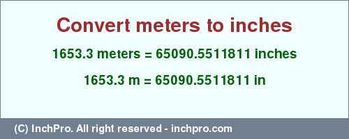 Result converting 1653.3 meters to inches = 65090.5511811 inches