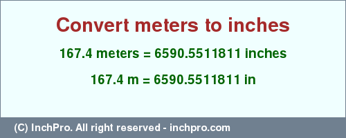 Result converting 167.4 meters to inches = 6590.5511811 inches