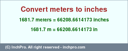 Result converting 1681.7 meters to inches = 66208.6614173 inches