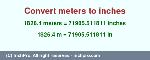 Result converting 1826.4 meters to inches = 71905.511811 inches