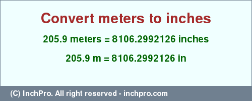 Result converting 205.9 meters to inches = 8106.2992126 inches