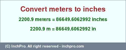 Result converting 2200.9 meters to inches = 86649.6062992 inches