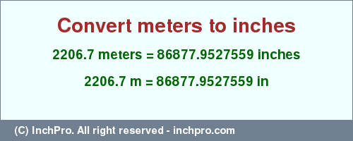 Result converting 2206.7 meters to inches = 86877.9527559 inches