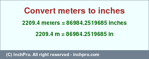 Result converting 2209.4 meters to inches = 86984.2519685 inches