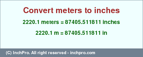 Result converting 2220.1 meters to inches = 87405.511811 inches