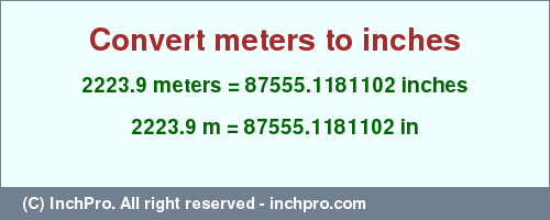 Result converting 2223.9 meters to inches = 87555.1181102 inches