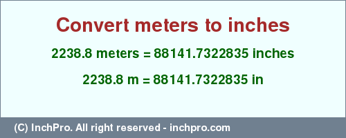 Result converting 2238.8 meters to inches = 88141.7322835 inches