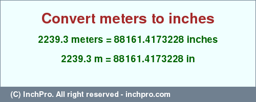 Result converting 2239.3 meters to inches = 88161.4173228 inches