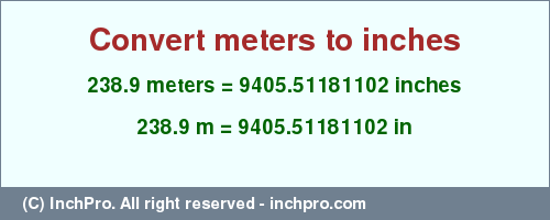 Result converting 238.9 meters to inches = 9405.51181102 inches