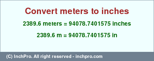 Result converting 2389.6 meters to inches = 94078.7401575 inches