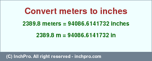 Result converting 2389.8 meters to inches = 94086.6141732 inches