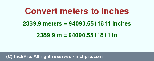 Result converting 2389.9 meters to inches = 94090.5511811 inches