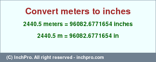 Result converting 2440.5 meters to inches = 96082.6771654 inches