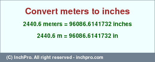 Result converting 2440.6 meters to inches = 96086.6141732 inches