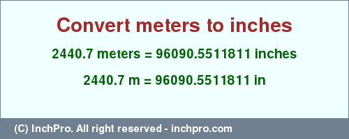 Result converting 2440.7 meters to inches = 96090.5511811 inches