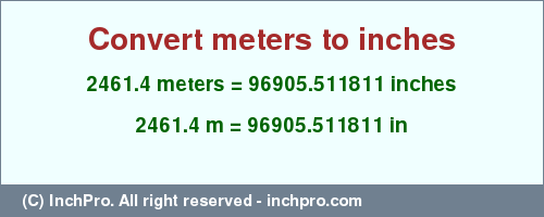 Result converting 2461.4 meters to inches = 96905.511811 inches