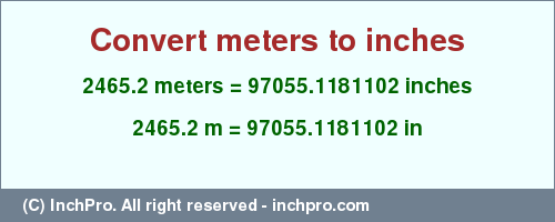 Result converting 2465.2 meters to inches = 97055.1181102 inches