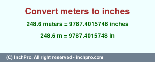 Result converting 248.6 meters to inches = 9787.4015748 inches