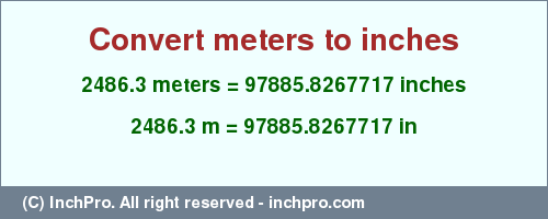 Result converting 2486.3 meters to inches = 97885.8267717 inches