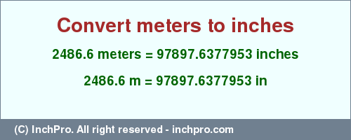 Result converting 2486.6 meters to inches = 97897.6377953 inches
