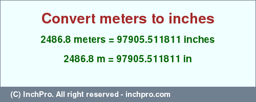 Result converting 2486.8 meters to inches = 97905.511811 inches