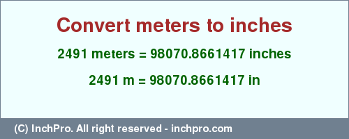 Result converting 2491 meters to inches = 98070.8661417 inches
