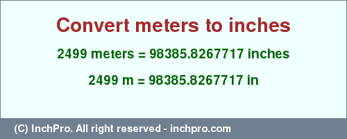 Result converting 2499 meters to inches = 98385.8267717 inches