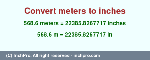 Result converting 568.6 meters to inches = 22385.8267717 inches